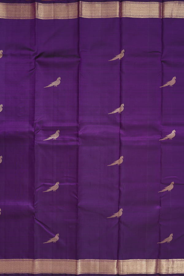 Kanchipuram Silk Saree In Regal Purple With Parrot Buttas