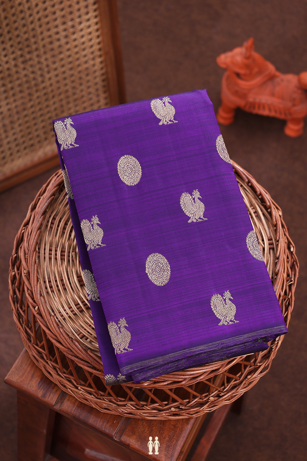 Kanchipuram Silk Saree In Regal Purple With Peacock Buttas