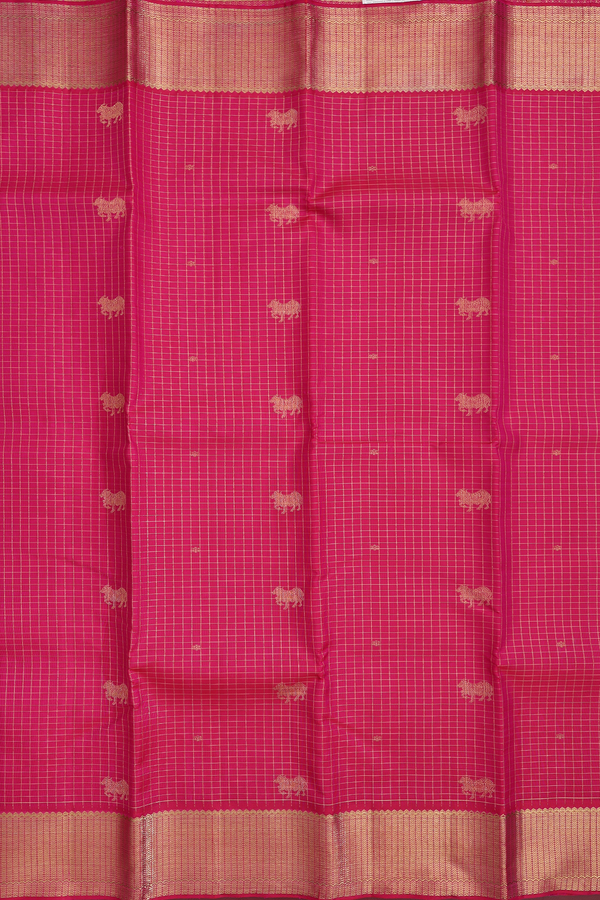 Kanchipuram Silk Saree In Rose Red With Checks Along Buttas