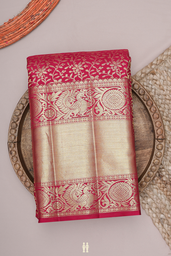 Kanchipuram Silk Saree In Rose Red With Floral Design
