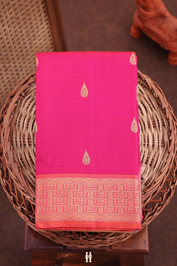 Kanchipuram Silk Saree In Rose Red With Thilagam Buttas