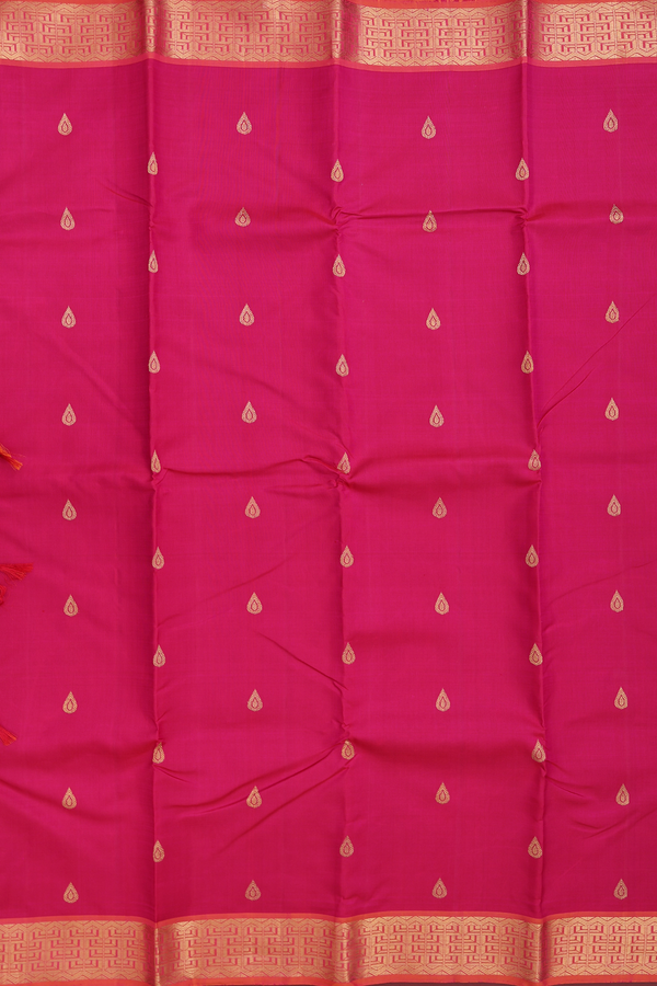 Kanchipuram Silk Saree In Rose Red With Thilagam Buttas