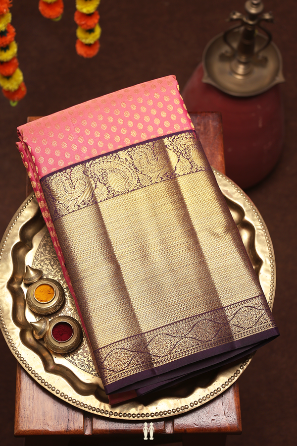 Kanchipuram Silk Saree In Peach Pink With Brocade Design