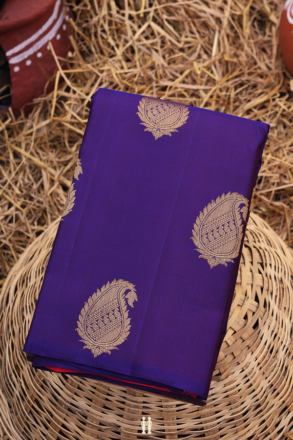 Kanchipuram Silk Saree In Royal Blue Along Stripes With Buttas