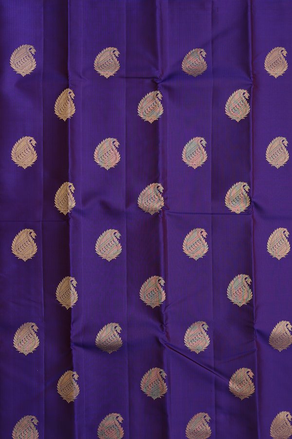 Kanchipuram Silk Saree In Royal Blue Along Stripes With Buttas