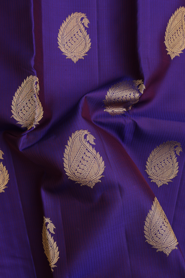 Kanchipuram Silk Saree In Royal Blue Along Stripes With Buttas