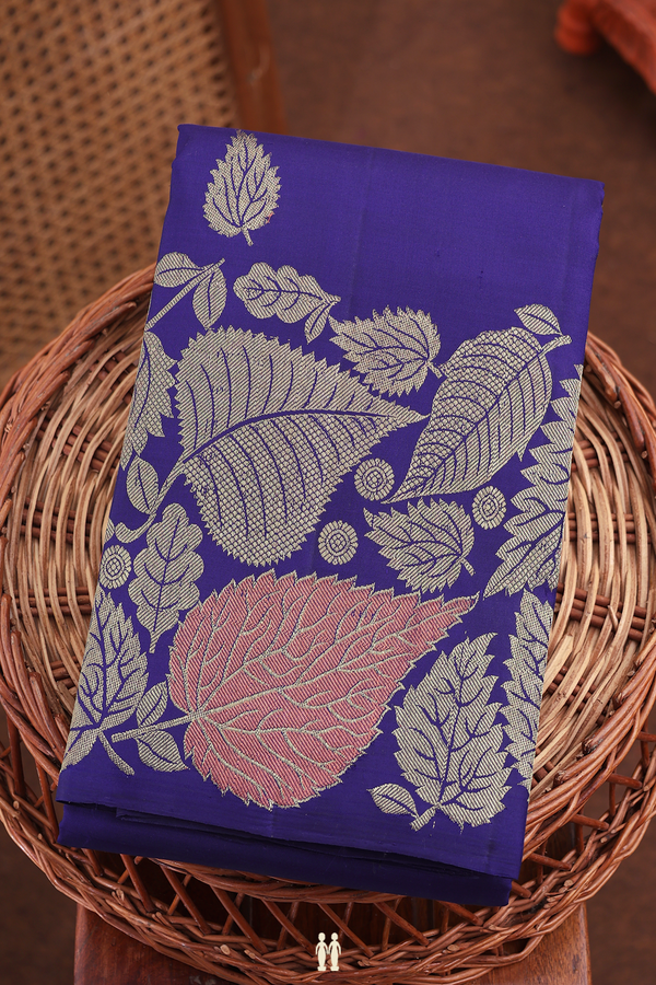 Kanchipuram Silk Saree In Royal Blue With Leaf Buttas