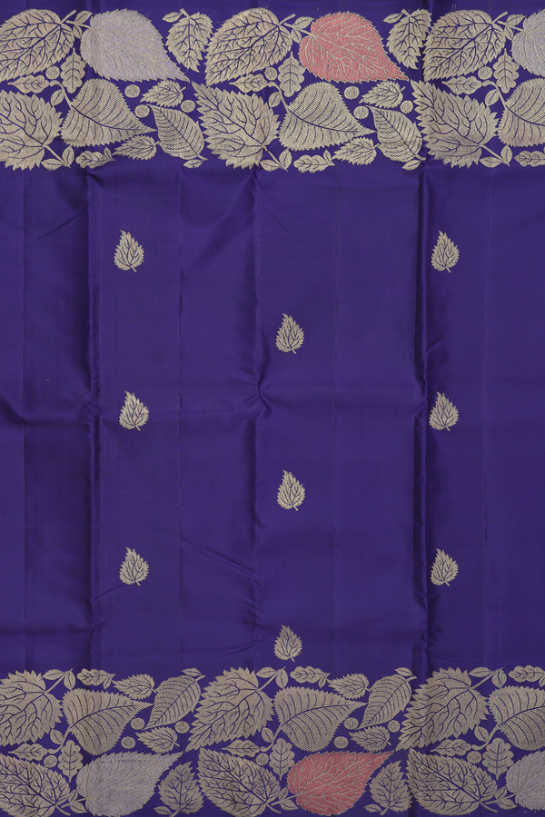 Kanchipuram Silk Saree In Royal Blue With Leaf Buttas