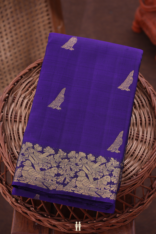 Kanchipuram Silk Saree In Royal Blue With Bird Buttas