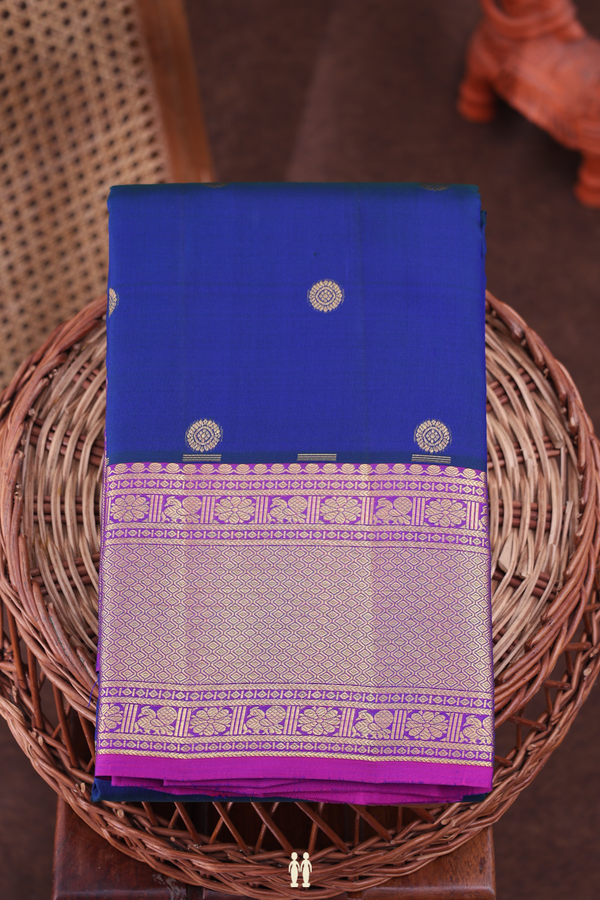 Kanchipuram Silk Saree In Royal Blue With Chakram Buttas
