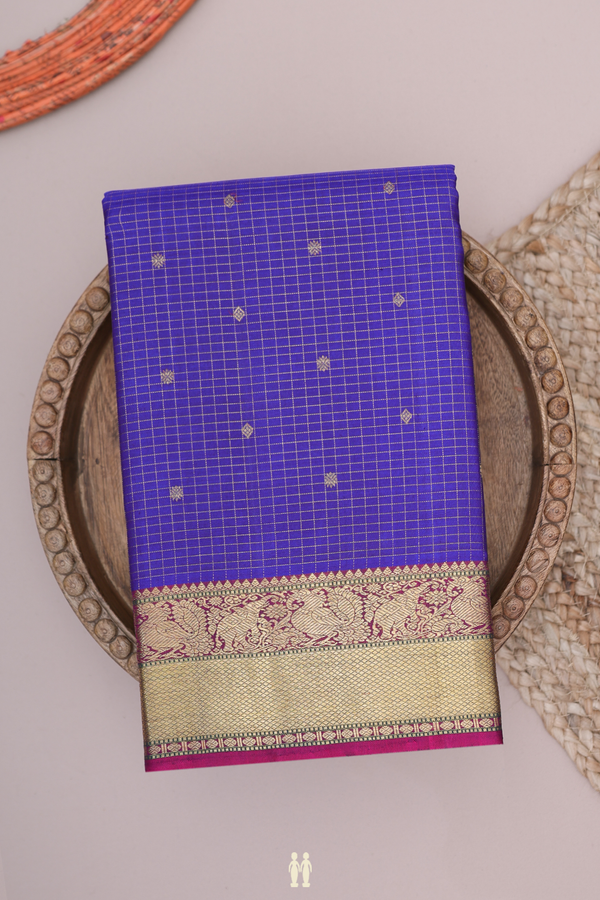 Kanchipuram Silk Saree In Royal Blue With Checks Along Buttas