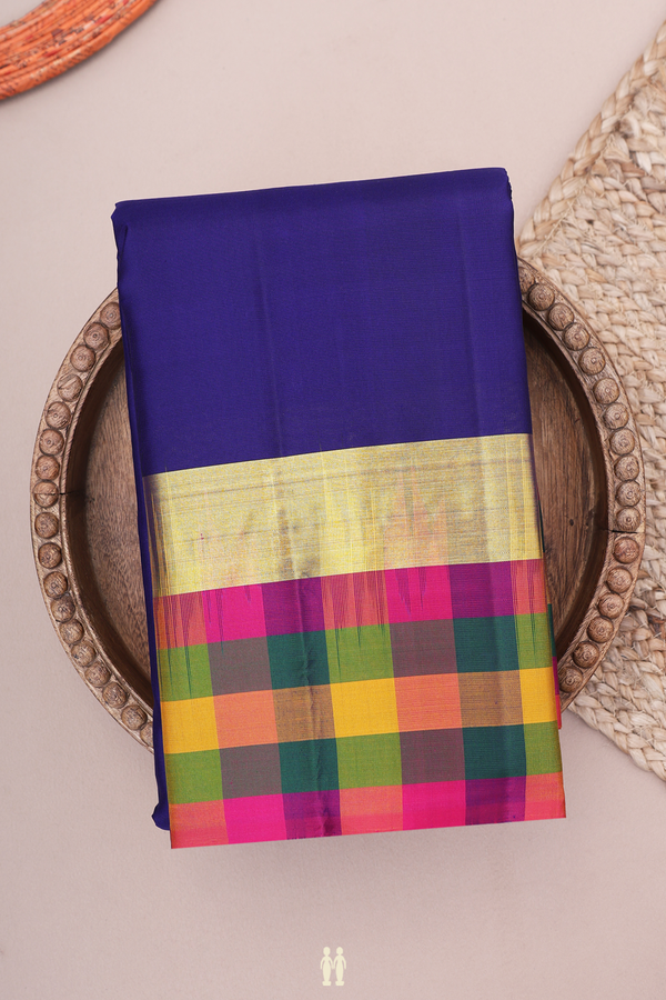 Kanchipuram Silk Saree In Royal Blue With Checks Border