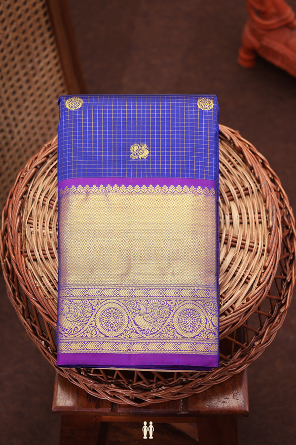 Kanchipuram Silk Saree In Royal Blue With Checks Design