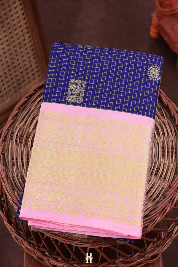 Kanchipuram Silk Saree In Royal Blue With Checks Design
