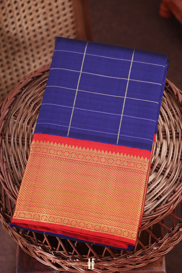 Kanchipuram Silk Saree In Royal Blue With Checks Design