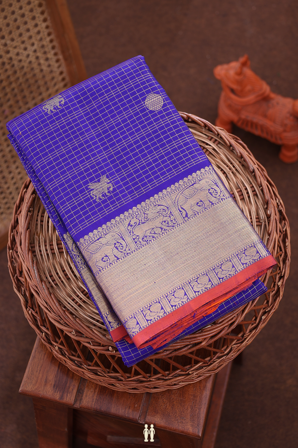 Kanchipuram Silk Saree In Royal Blue With Checks Design