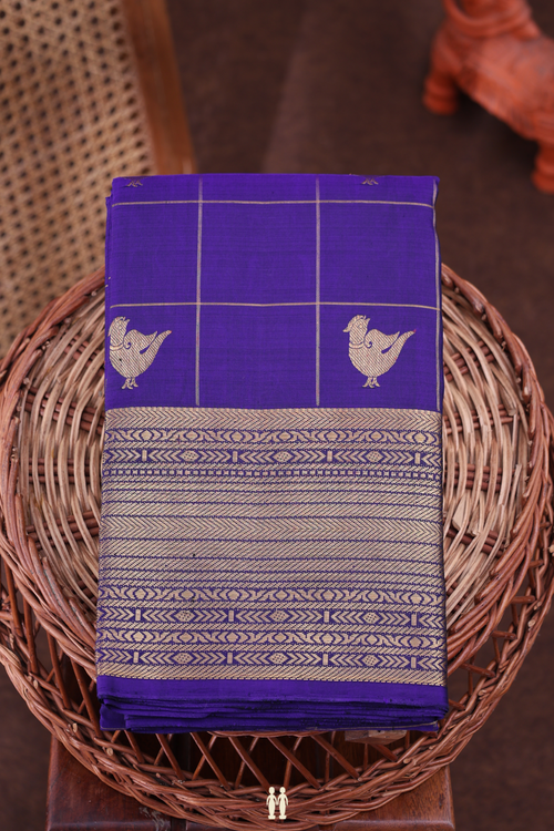Kanchipuram Silk Saree In Royal Blue With Checks Design