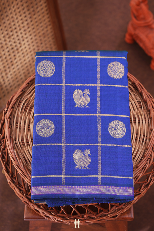 Kanchipuram Silk Saree In Royal Blue With Checks Design