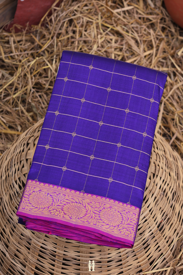 Kanchipuram Silk Saree In Royal Blue With Checks Design