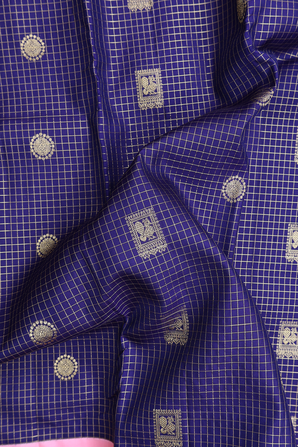 Kanchipuram Silk Saree In Royal Blue With Checks Design