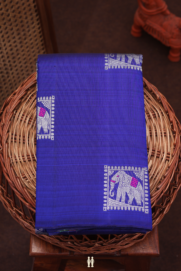 Kanchipuram Silk Saree In Royal Blue With Elephant Motifs