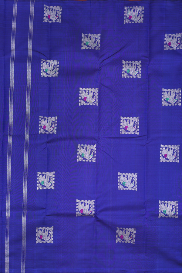 Kanchipuram Silk Saree In Royal Blue With Elephant Motifs