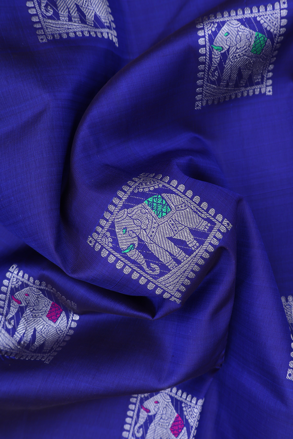 Kanchipuram Silk Saree In Royal Blue With Elephant Motifs