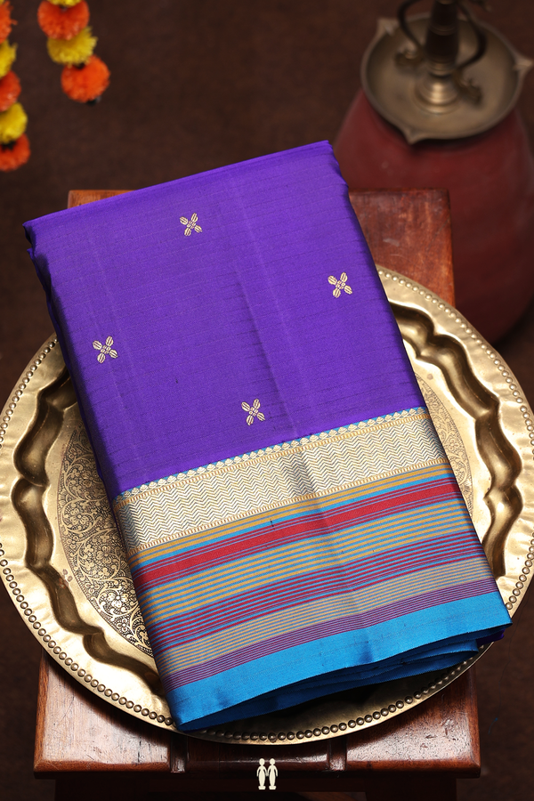 Kanchipuram Silk Saree In Royal Blue With Floral Buttas