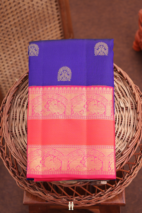 Kanchipuram Silk Saree In Royal Blue With Floral Buttas