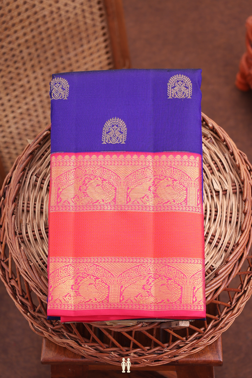Kanchipuram Silk Saree In Royal Blue With Floral Buttas
