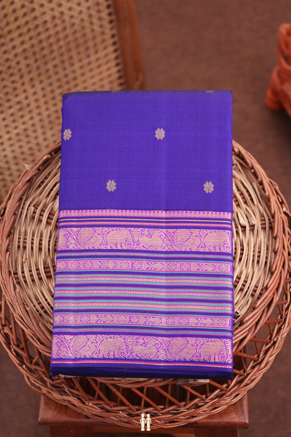 Kanchipuram Silk Saree In Royal Blue With Floral Buttas