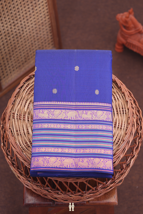 Kanchipuram Silk Saree In Royal Blue With Floral Buttas