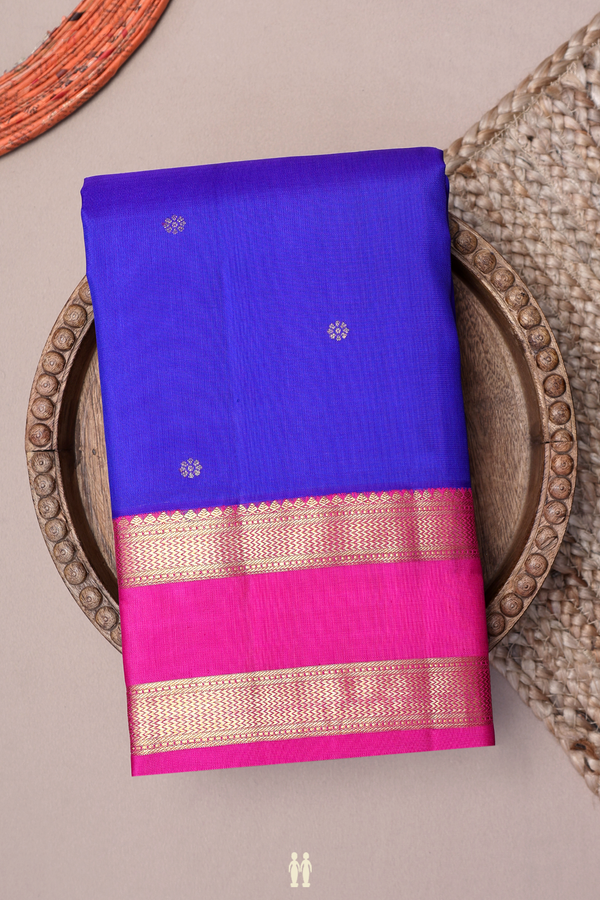 Kanchipuram Silk Saree In Royal Blue With Floral Buttis