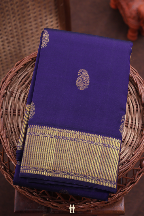 Kanchipuram Silk Saree In Royal Blue With Paisley Buttas