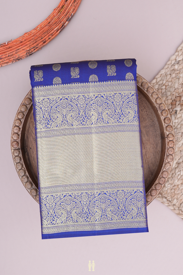 Kanchipuram Silk Saree In Royal Blue With Peacock Buttas