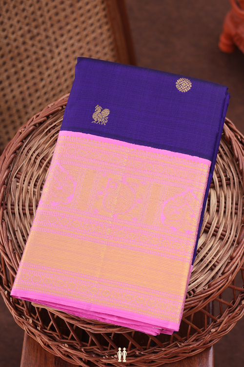 Kanchipuram Silk Saree In Royal Blue With Peacock Buttas