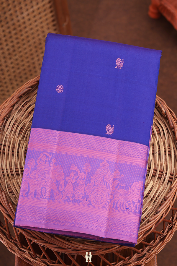 Kanchipuram Silk Saree In Royal Blue With Peacock Buttas