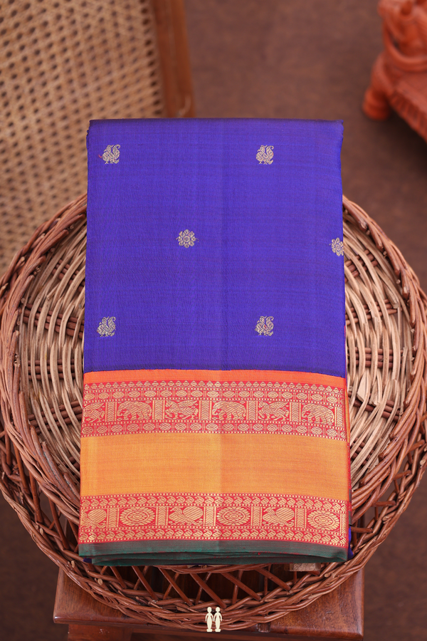 Kanchipuram Silk Saree In Royal Blue With Peacock Buttas