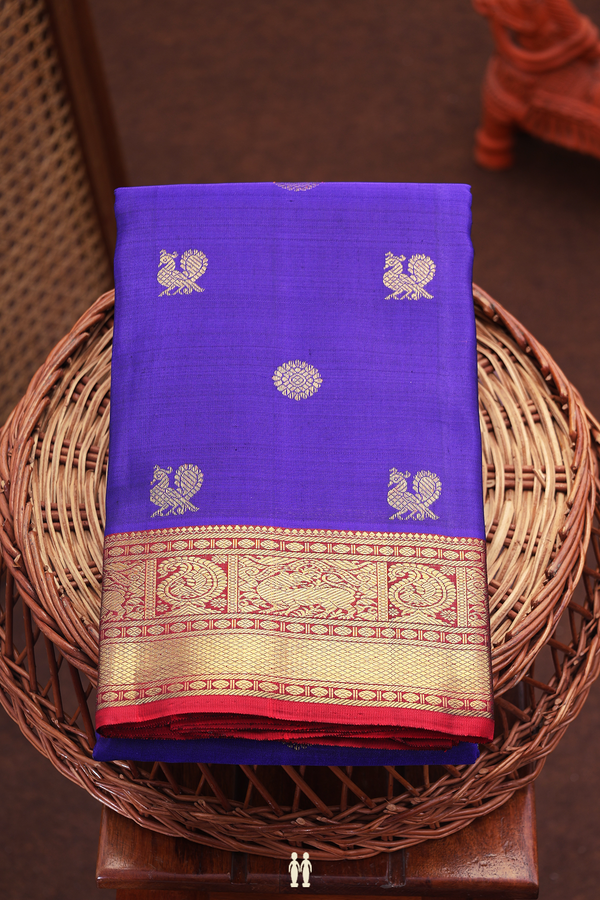 Kanchipuram Silk Saree In Royal Blue With Peacock Buttas