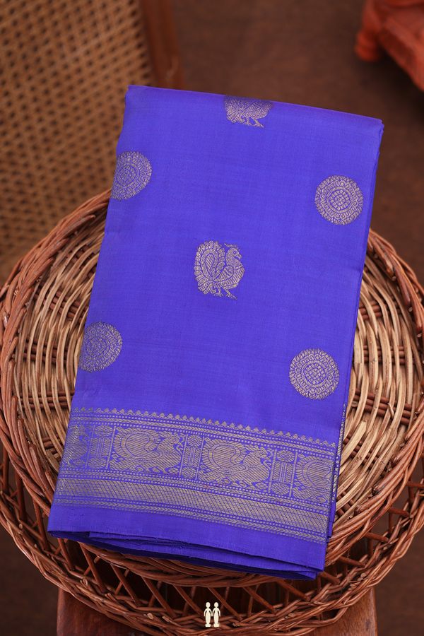 Kanchipuram Silk Saree In Royal Blue With Peacock Buttas