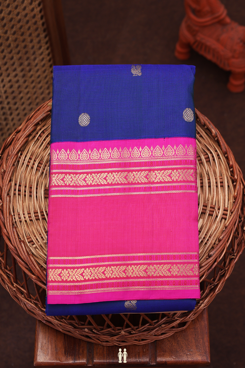 Kanchipuram Silk Saree In Royal Blue With Peacock Buttas