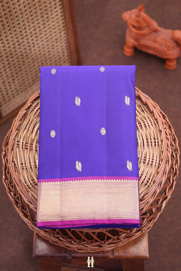 Kanchipuram Silk Saree In Royal Blue With Peacock Buttas
