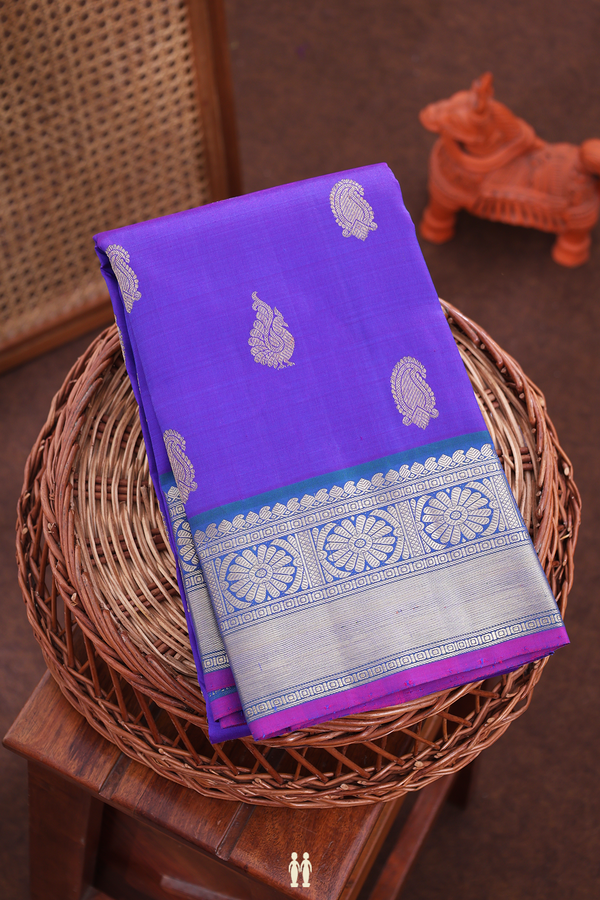 Kanchipuram Silk Saree In Royal Blue With Peacock Buttas