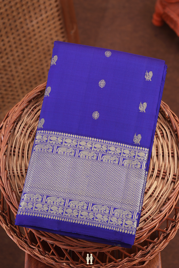 Kanchipuram Silk Saree In Royal Blue With Peacock Buttas