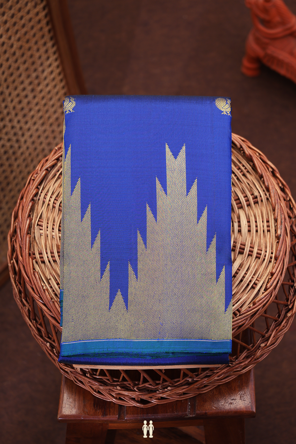 Kanchipuram Silk Saree In Royal Blue With Peacock Buttas