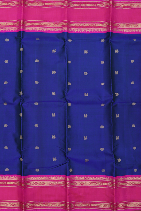 Kanchipuram Silk Saree In Royal Blue With Peacock Buttas