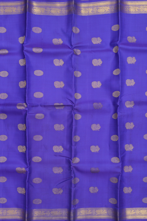 Kanchipuram Silk Saree In Royal Blue With Peacock Buttas