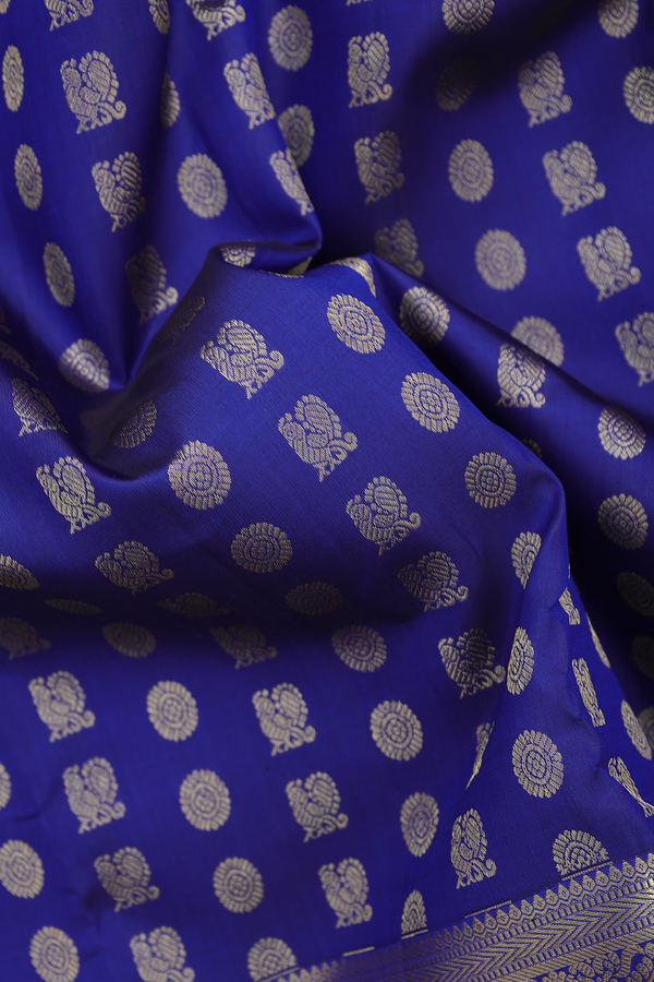Kanchipuram Silk Saree In Royal Blue With Peacock Buttas