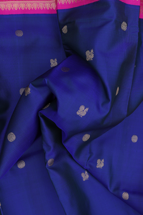 Kanchipuram Silk Saree In Royal Blue With Peacock Buttas