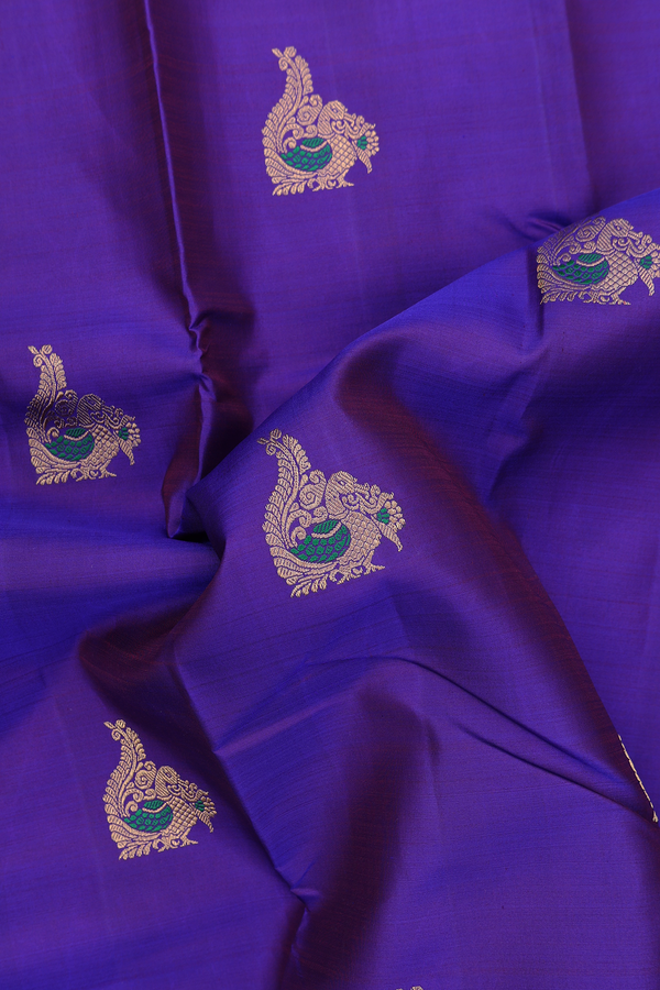 Kanchipuram Silk Saree In Royal Purple With Peacock Buttas